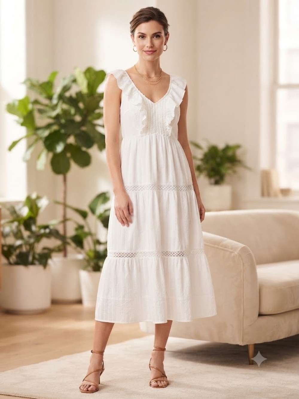 White Ruffled Midi Dress - Lightweight Summer Style